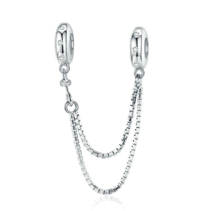 Zilveren veiligheidsketting met dubbele venetiaanse schakel en zirkonia steentjes voor bedelarmband - S925 Sterling Zilver - LERROSA