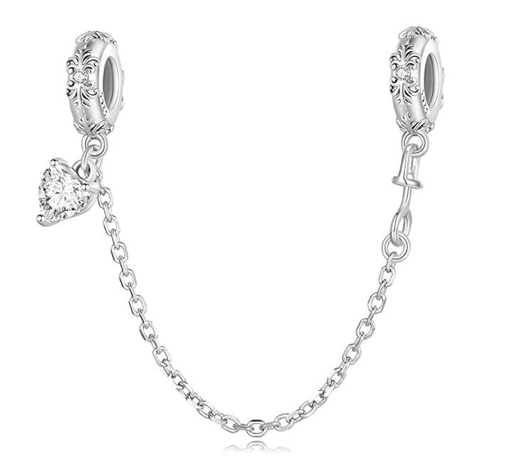 Zilveren veiligheidsketting met hangend hartje en zirkonia steentjes voor bedelarmband - S925 Sterling Zilver - LERROSA