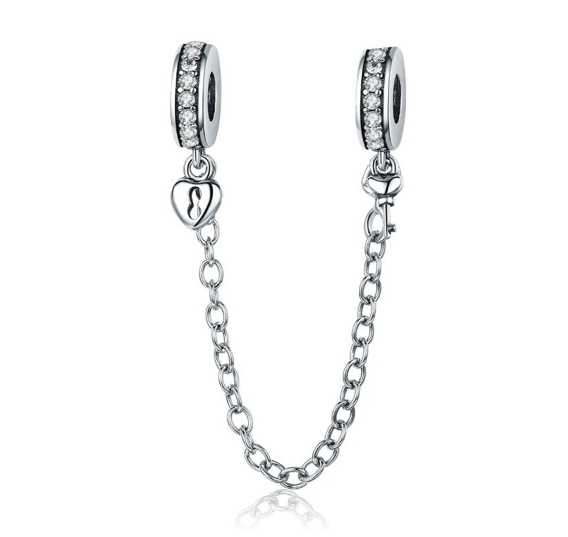 Zilveren veiligheidsketting met zirkonia steentjes voor bedelarmband - S925 Sterling Zilver - LERROSA